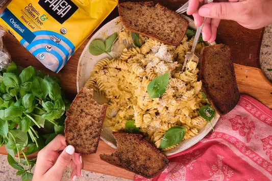 Gluten-Free Almond-Tomato Pesto Pasta with Herb-Butter PACHA Toast